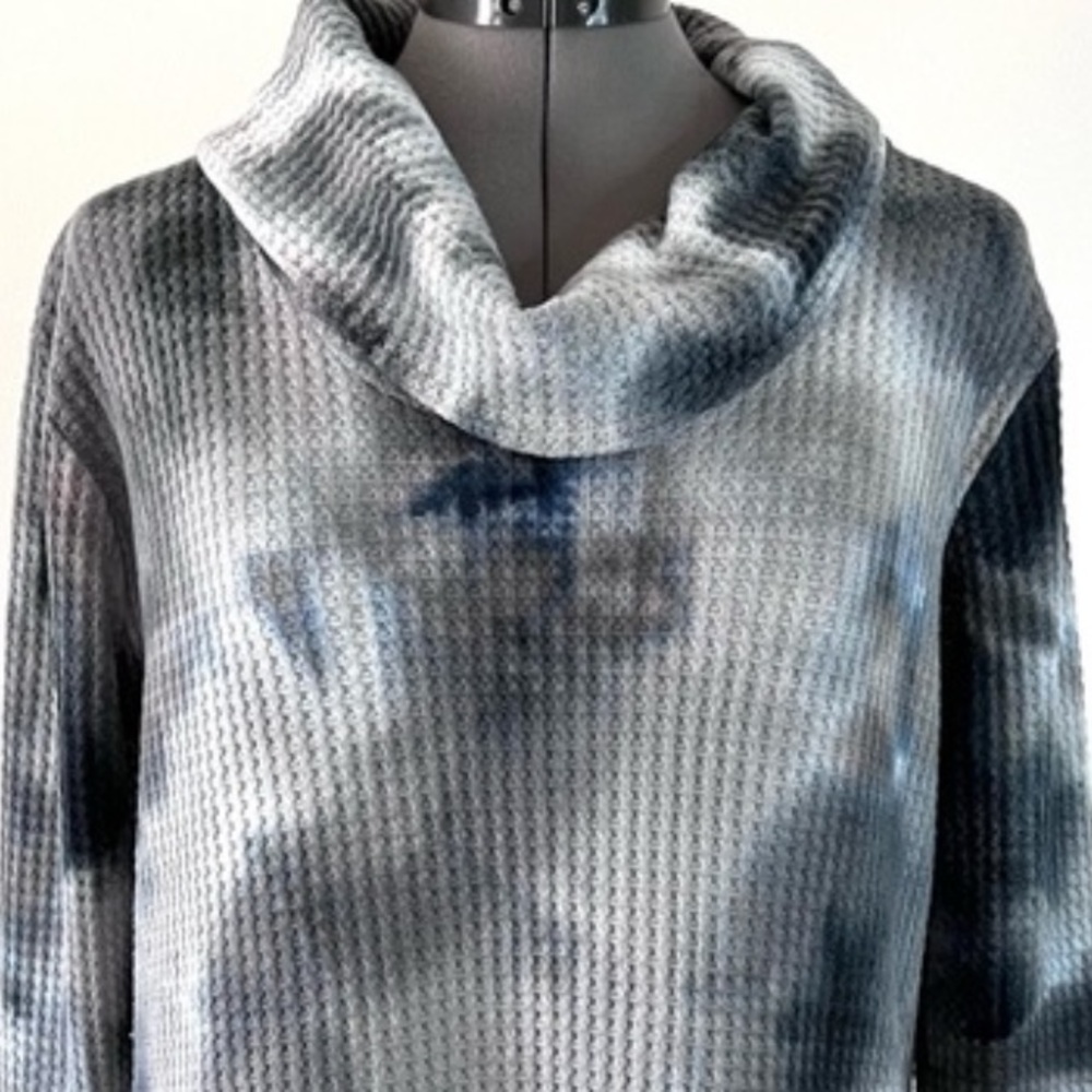 Cowl Neck Waffle Knit Tie Dye Gray Pullover Tunic Top Sweater